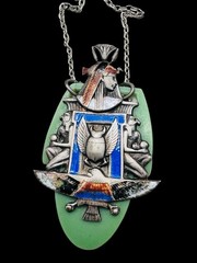 Antique French Egyptian Revival Winged Scarab Galalith Enamel Pendant Necklace