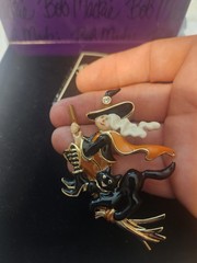 VTG NOS Bob Mackie Halloween Witch Flying Broomstick Black Cat Enameled Brooch