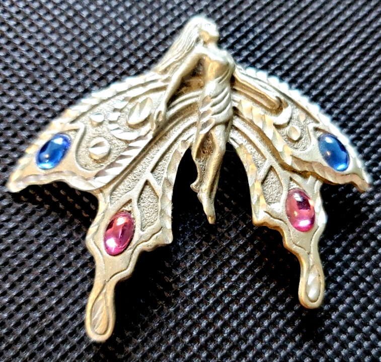 Vintage Winged Fairy Peter Jeweled Brooch signed Fable Pin 2″