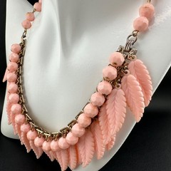 Vintage Pink Leaf Fringe Choker Necklace Carved Acrylic Beaded Chain Cha Cha