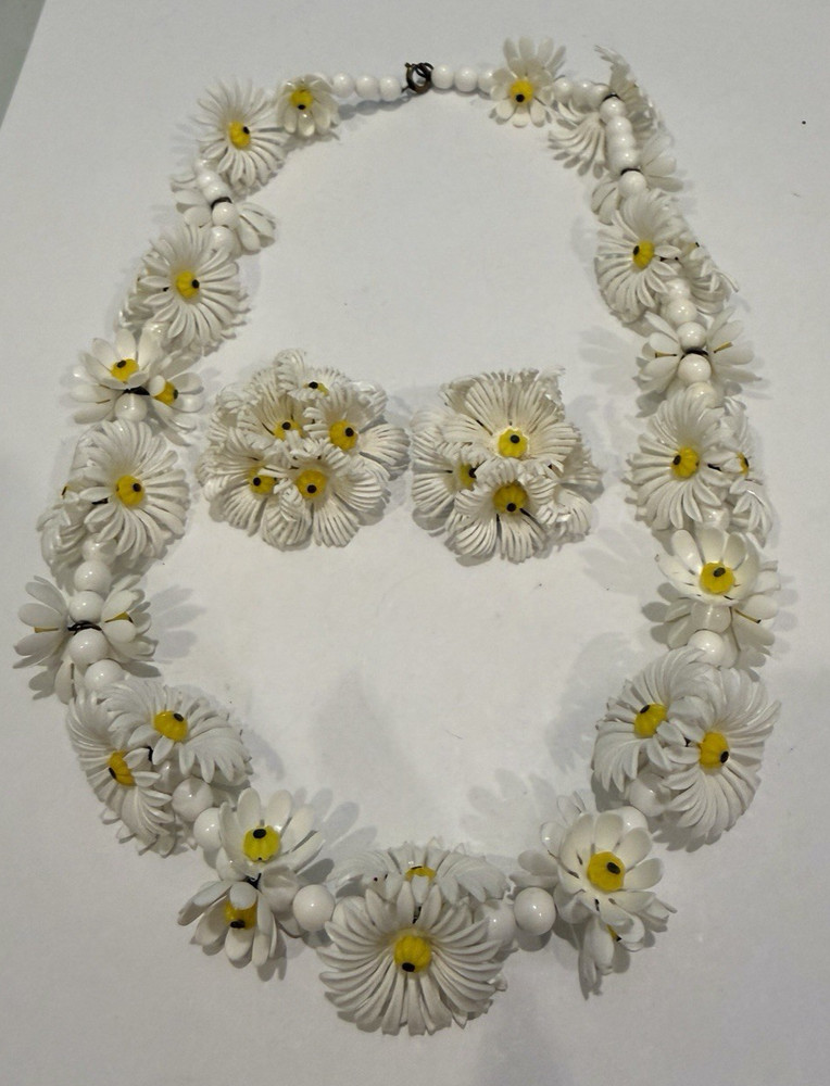 VINTAGE WEST GERMANY SIGNED FLOWER NECKLACE & EARRINGS SET