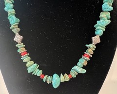 Vintage Turquoise Coral & Sterling Silver Bead Finishes Necklace 16-18” 34.4g