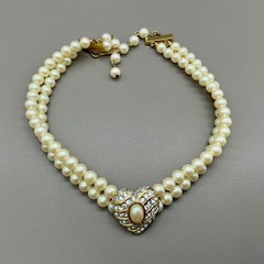 Richelieu Necklace Vintage Faux Pearl Double Strand Rhinestone Heart Choker