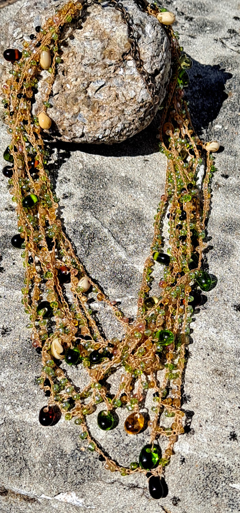 Artisan Knitted Necklacr Green Beaded 8 Strand Multicolor Handcrafted 25″ Boho
