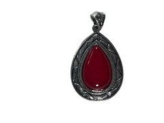 Antique Silver Tone Teardrop Red Stone Howlite Pendant Necklace Charm Jewelry