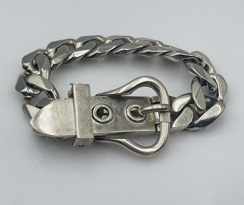 Hermes Paris Vintage French Sterling Silver Buckle Chain Link Bracelet