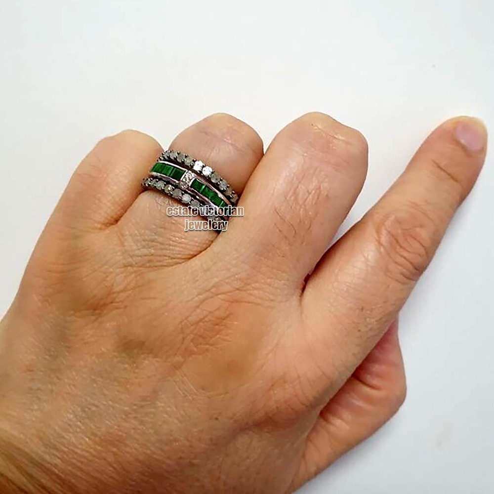 Gorgeous 1.35ctw Rose cut Diamond Emerald Studded Silver Victorian Ring Jewelry