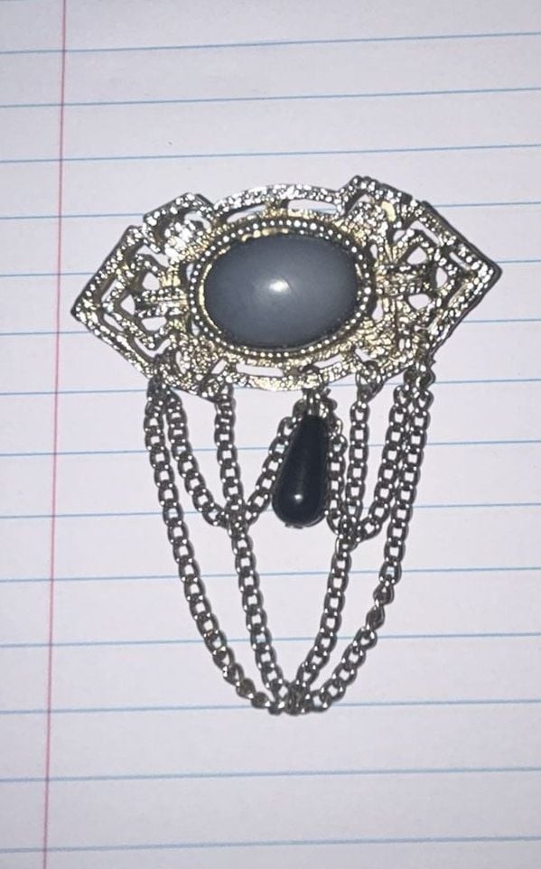 Vintage Filigree Brooch w/ Black Center Faux Stone & Chain Dangle