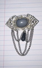 Vintage Filigree Brooch w/ Black Center Faux Stone & Chain Dangle