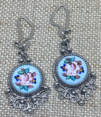 Vintage Earrings Rostov Finift Russian Enamel Painted Floral Dangle Silver Tone