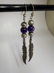 Vintage Amethyst Bead Feather Dangle Earrings Silver Tone Boho Western