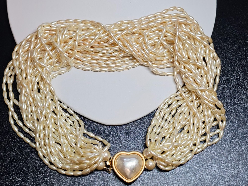 VTG Signed CAROL LEE Faux Pearl Multistrand Heart Necklace
