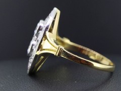 WONDERFUL ART DECO INSPIRED LAB CREATED DIAMOND & RUBY 14 CARAT GOLD FINISH RING