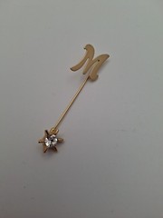 Inital M Letter Clear Rhinestone Star Fastener Gold Tone Stick Pin 2.5 Inches