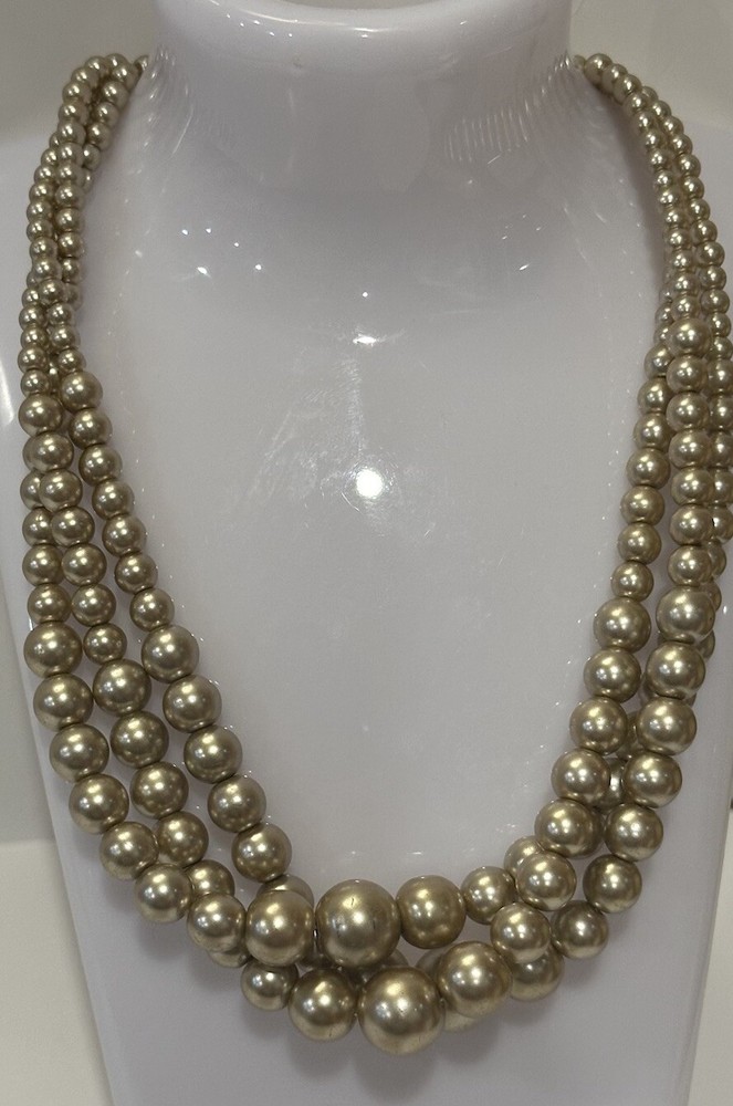 Champagne Pearl Graduated 3 Strand Collar Necklace Glamorous Costume Jewelry