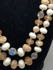 Vintage Coro Creamy Beige Gold Tones AB Beads 2 Strand Necklace