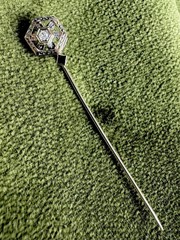 Antique Art Deco Victorian 18K White Gold Diamond & Sapphire Stick Pin Filigree