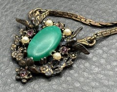 Vintage Victorian Revival Birds Green Cab Faux Pearl Rhinestone Pendant Necklace