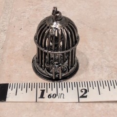 Estate Jewelry Silver Bird Cage Pendant Opening Door Spinning Bird 1.75″ x 1″