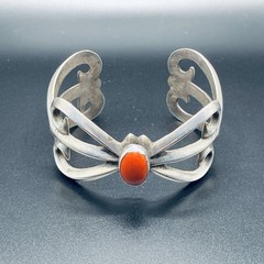 Vintage Navajo 925 Sterling Silver Sand Cast Red Coral Cuff Bracelet 58g 2.25”