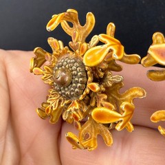 Vintage Enamel Brooch Clip on Earrings Set Flower Fall Acorn Tree Autumn