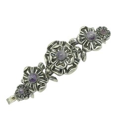 1930’s Wide Mexico City Amethyst Repoussé Sterling Silver Floral Bracelet
