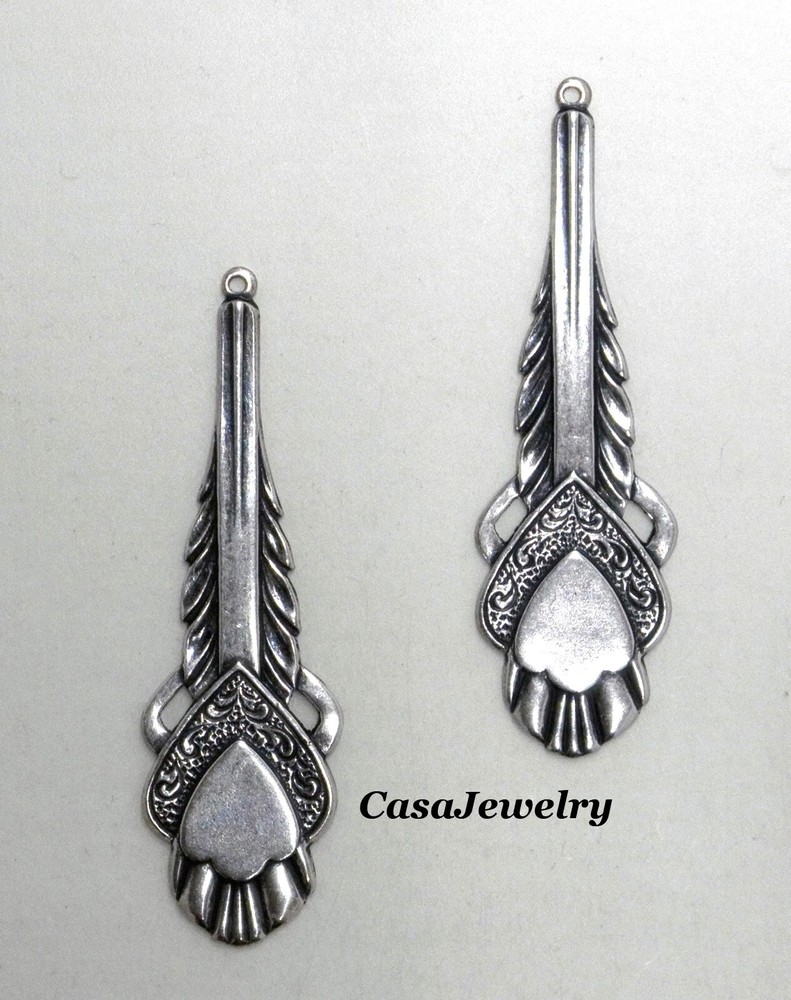 #0185 ANTIQUED STERLING SILVER PLATED ART DECO DROP W/TOP HANG RING – 2 Pc Lot