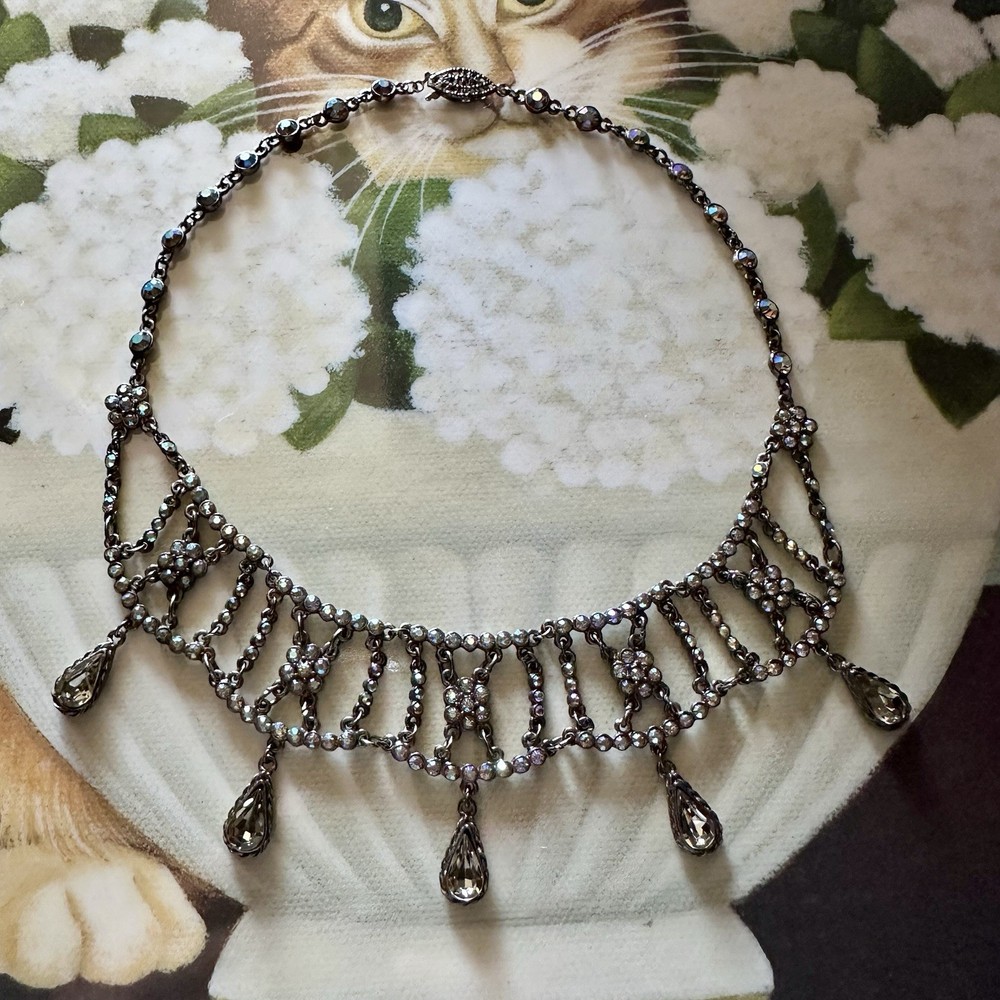 Vintage TARA Aurora Borealis Crystal Festoon Necklace Smoky Drops Gunmetal Chain