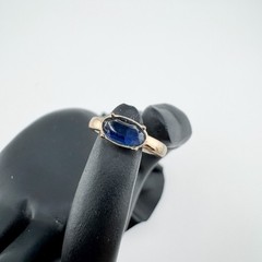 Vintage Blue Oval Faux Sapphire Ring Gold Tone Solitaire Minimalist Dainty