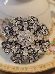 VINTAGE DARKENED SILVER RUFFLED RHINESTONE FLOWER PIN Round Stones 2.5 Inches