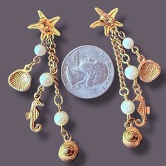 Starfish Earrings Seahorse Shell Dangle Vintage Gold Tone Faux Pearl Pierced