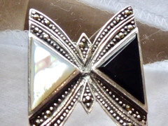 VINTAGE STAMPED 925 STERLING ONYX MOTHER OF PEARL MARCASITE BUTTERFLY PIN