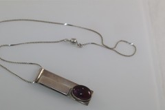 Vintage MCM Studio Artisan Cabochon Amethyst Pendant on Chain Sterling Silver