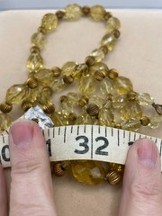 VTG Art Deco faceted Citrine glass bead necklace 32″ brass spacers 10-17mm