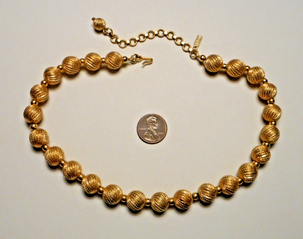 Vintage 1960s Monet Textured Gold-tone Bead Necklace Strung on Fine Chain 17″