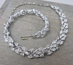 Rhodium Plated Clear Crystal Choker Necklace 15.5 Inches Vintage Leaves Unsigned