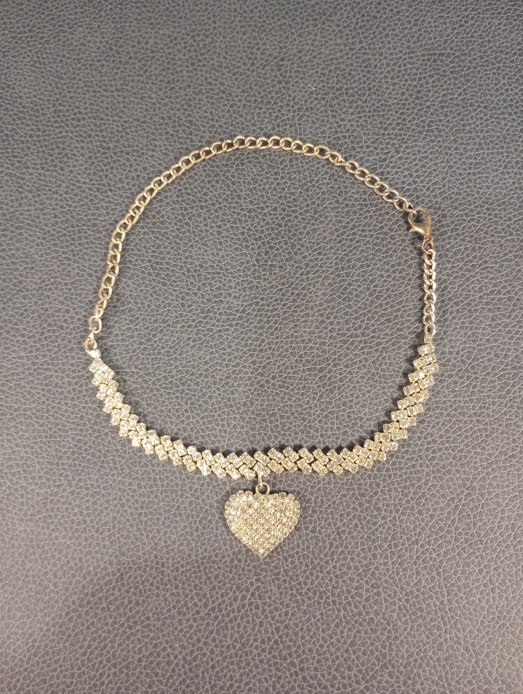 Vintage Rhinestone Heart Choker Necklace Silver Tone Clear Stones 13″