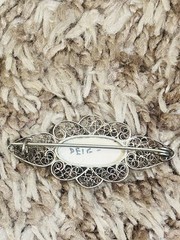 VINTAGE Signed DELFT Blue White PORCELAIN WINDMILL PIN Silver Filigree Frame