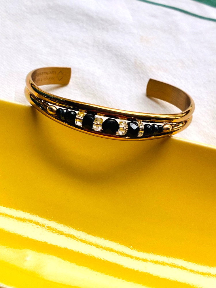 Vtg Sergio Lub CUFF BRACELET Black Onyx & Clear Beaded US Brushed Gold Tone NWOT
