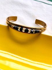 Vtg Sergio Lub CUFF BRACELET Black Onyx & Clear Beaded US Brushed Gold Tone NWOT