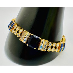 Vintage Gold Tone Blue and Clear Crystal Link Bracelet with Extender 7.25-8.5 In