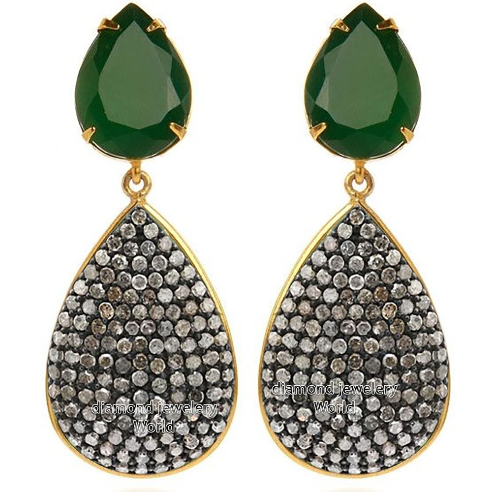 Gorgeous 2.38ctw Rose Cut Diamond Emerald Studded Silver Vintage Earring Jewelry