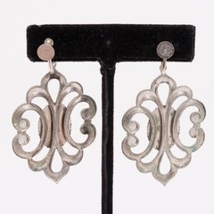 Vintage Silver Fleur de Lis Scroll Earrings Dangle Screw-Post Un-pierced 2.5″