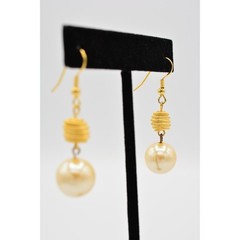 Vintage Pearl Drop Dangle Earrings Brushed Gold Beaded Ball Elegant 1980s BinU