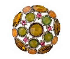 Vintage Round Rhinestone Brooch Green Amber Pink Statement Pin 1.75″ Varied
