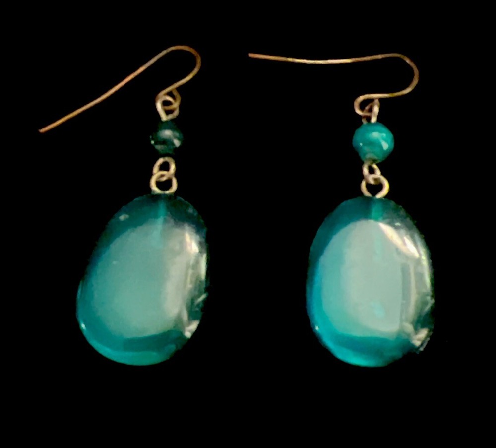 Vintage Large Teal Dangle Drop Stone French Wire Earrings 1 1/2” L