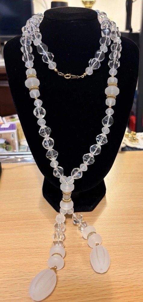 Vintage Avon Clear & Frosted Lucite Lariat Necklace | Gold Tone