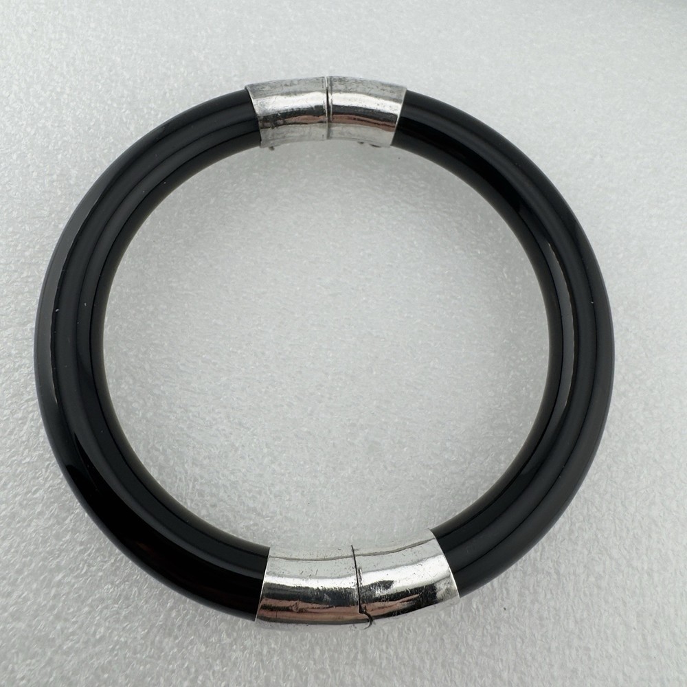 Vtg 9mm Wide Black Onyx Hinged Bangle Bracelet Sterling Silver 925 Stackable