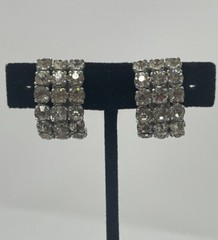 VTG Clear Rhinestone Triple Row Half Hoop Clip On Earrings Silver Tone 1″ J-Hoop