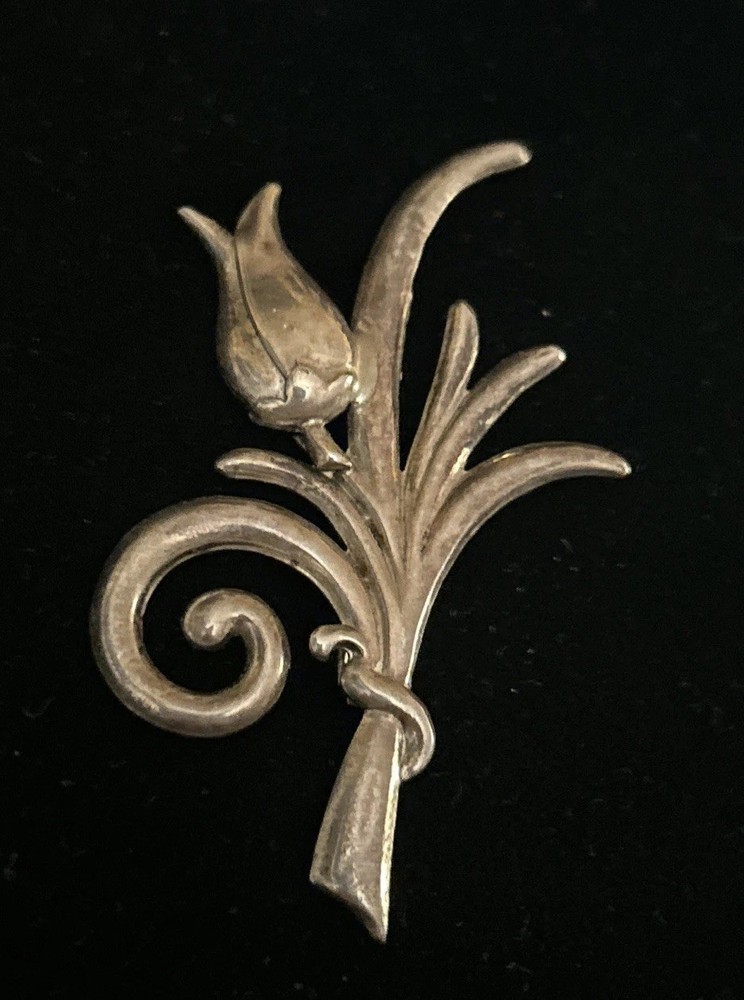 Sterling Silver Tulip Flower Ribbon Brooch Pin 2 3/4” Long x 1 3/4” Wide 6.7g